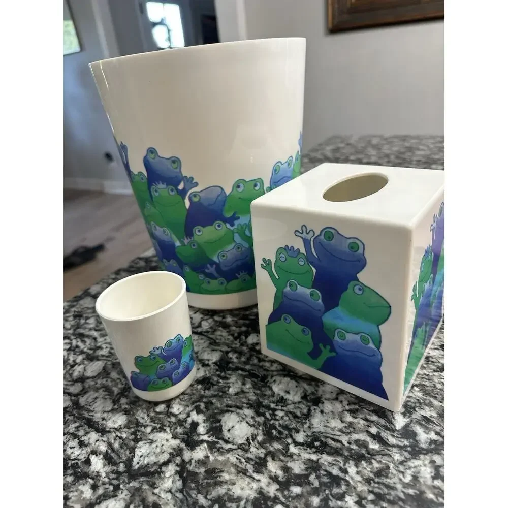 VTG Frog Bathroom Set Trash Can Tissue Holder Tumbler Made In USA Plastic